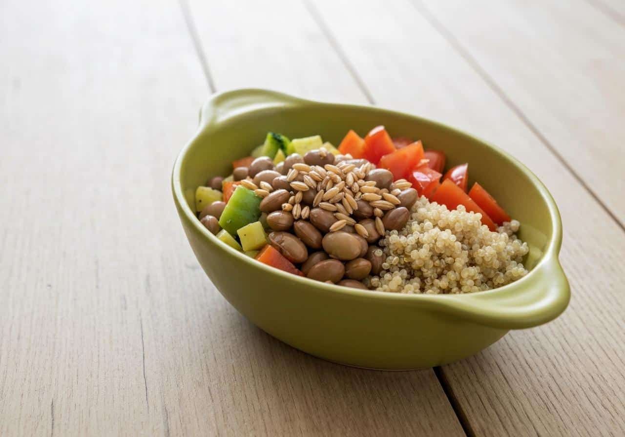 Bol de légumes verts, avocat et huile d'olive sur table en bois