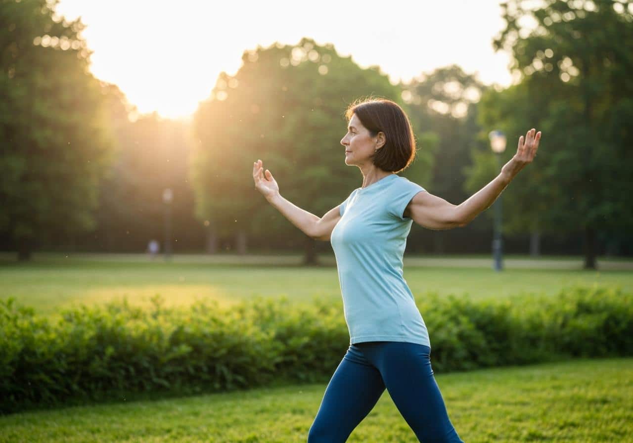 Femme pratiquant le Qi Gong en plein air, mouvements lents