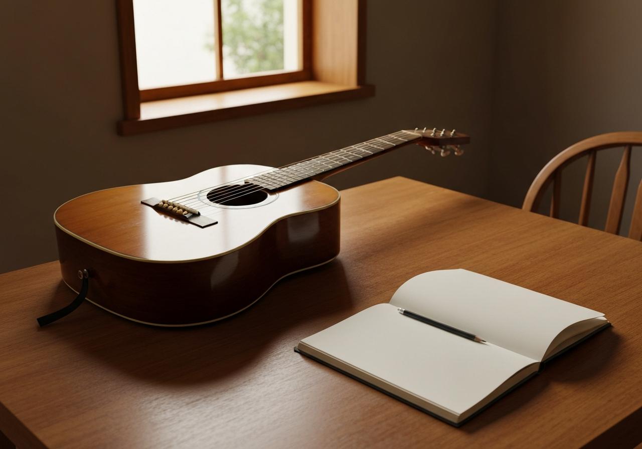 Guitare acoustique posée sur table en bois, carnet ouvert à côté