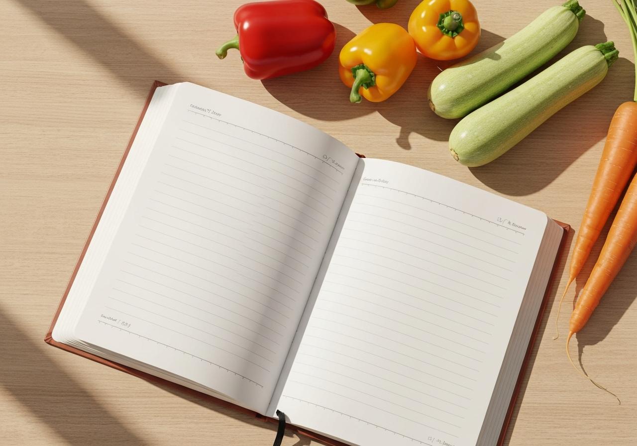 Journal alimentaire ouvert sur table en bois avec légumes frais