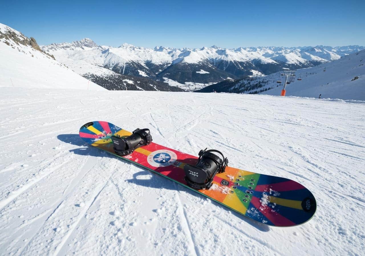 Planche de snowboard sur piste enneigée en montagne
