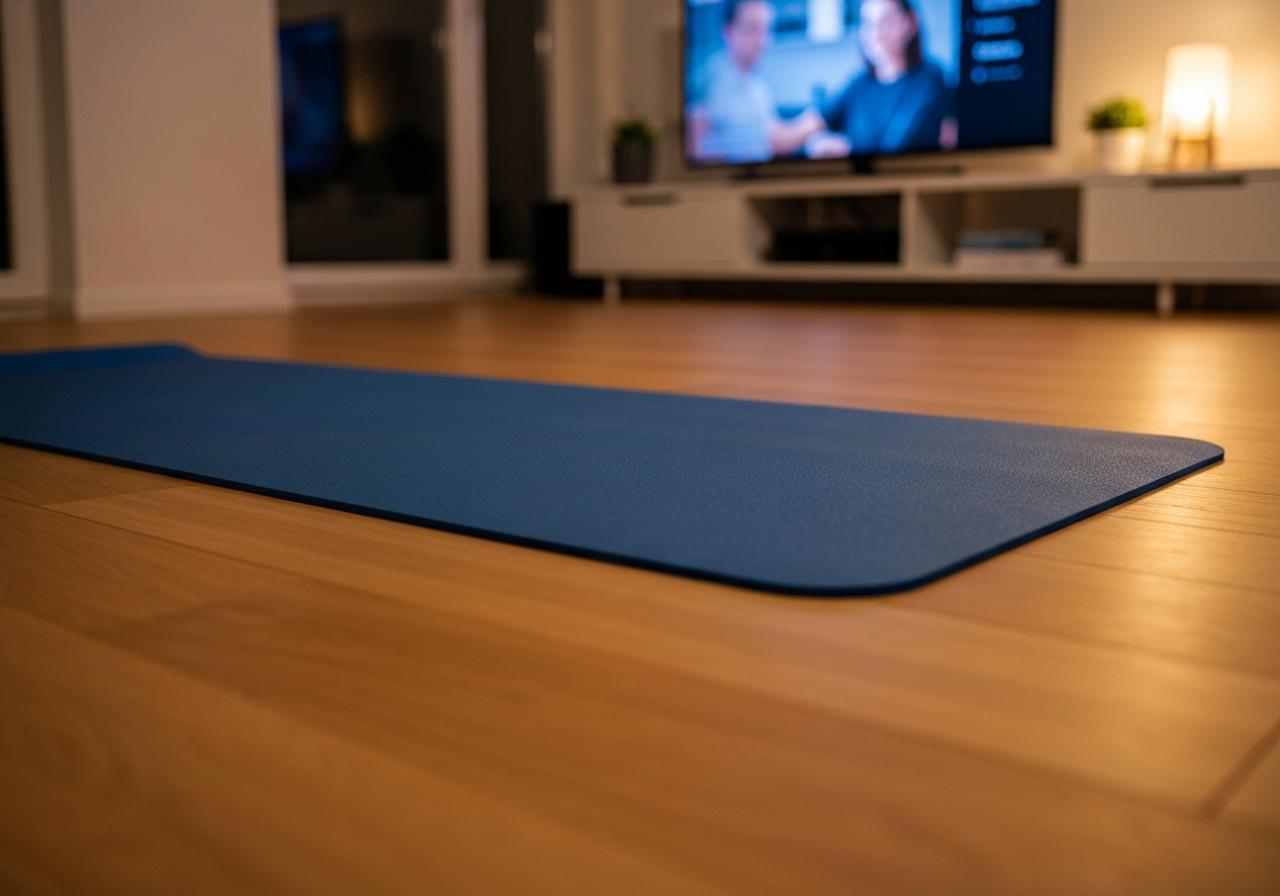 Tapis de yoga déroulé dans un salon moderne devant une télévision allumée