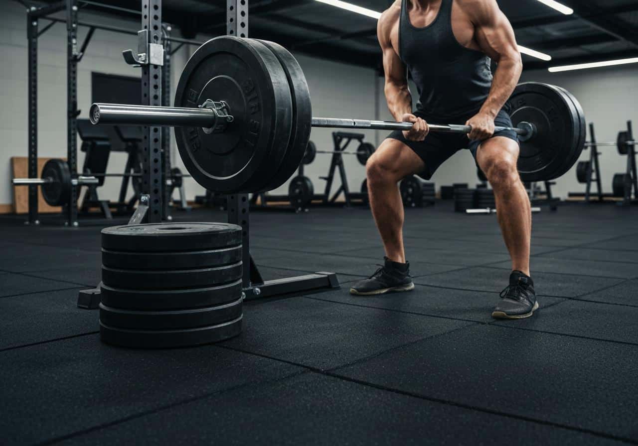 Barre de powerlifting chargée avec disques lourds sur rack