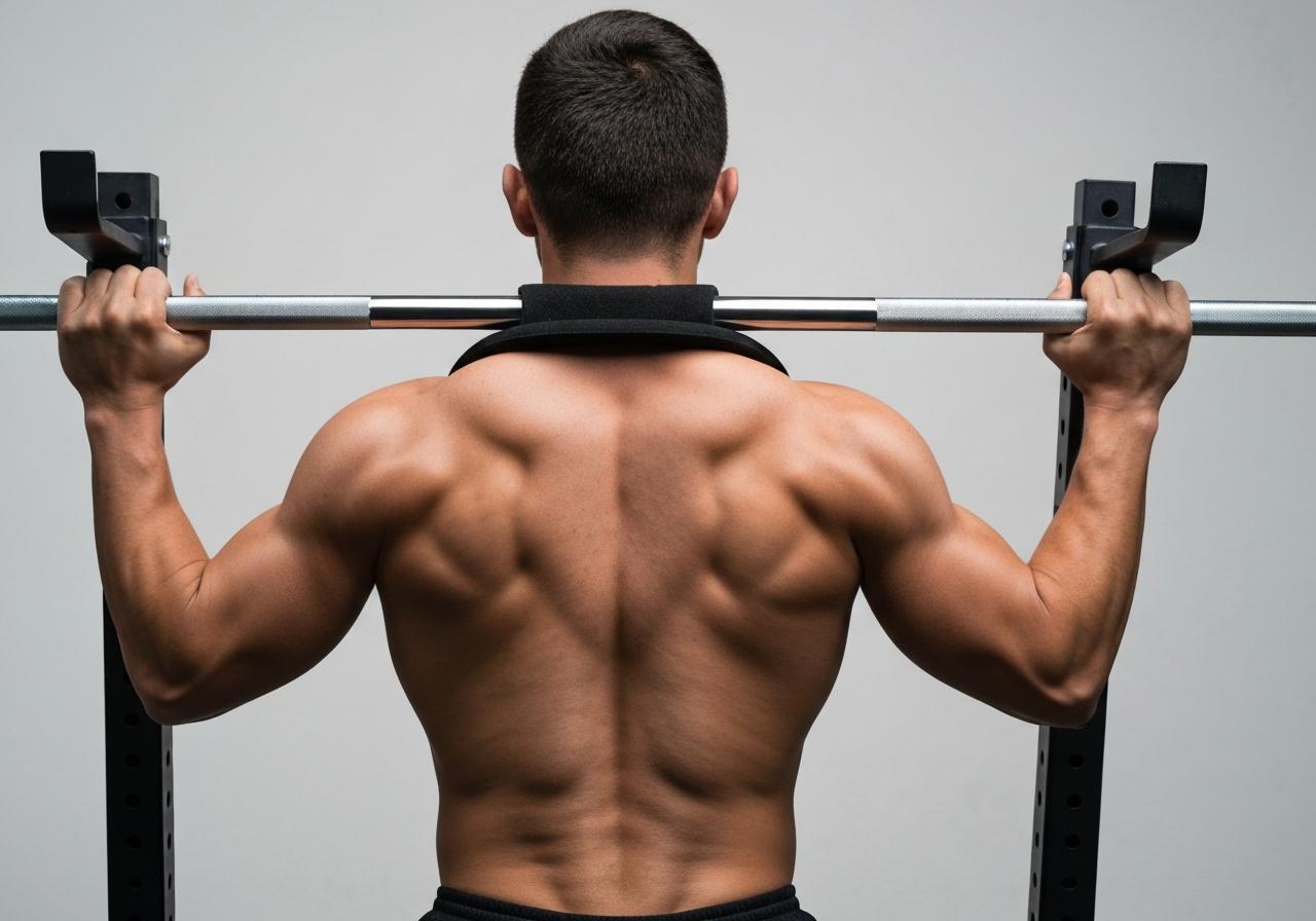 Barre de squat posée sur les trapèzes supérieurs vue de profil
