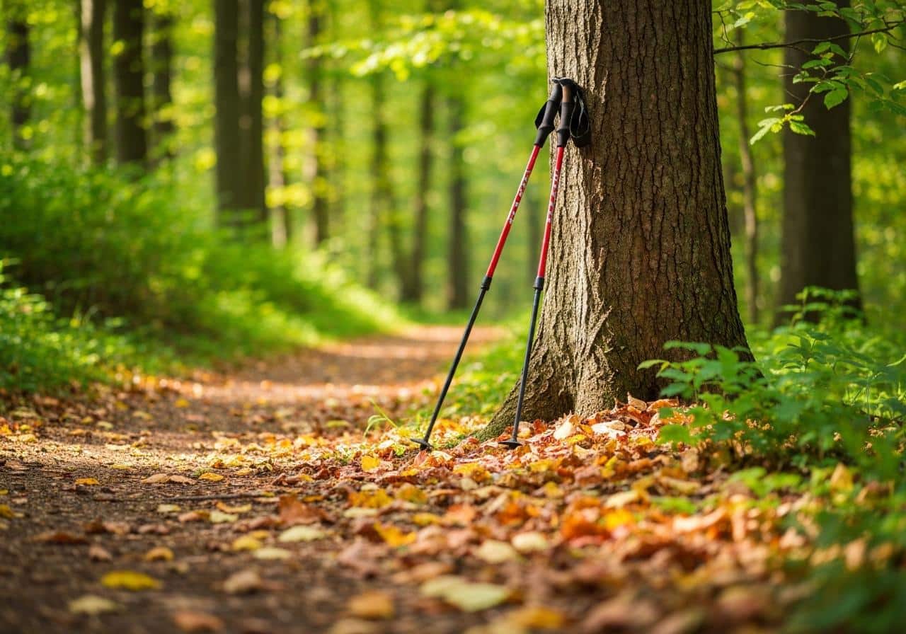 Marche nordique en forêt avec bâtons sur sentier