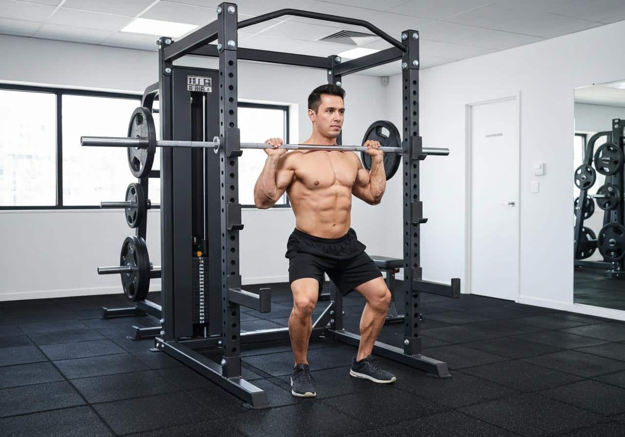 Salle de musculation avec barre chargée sur rack à squat