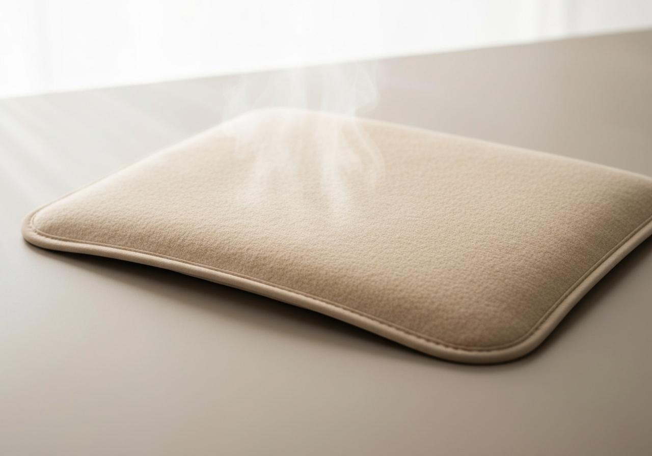 Coussin thermique posé sur cuisse externe, fond neutre