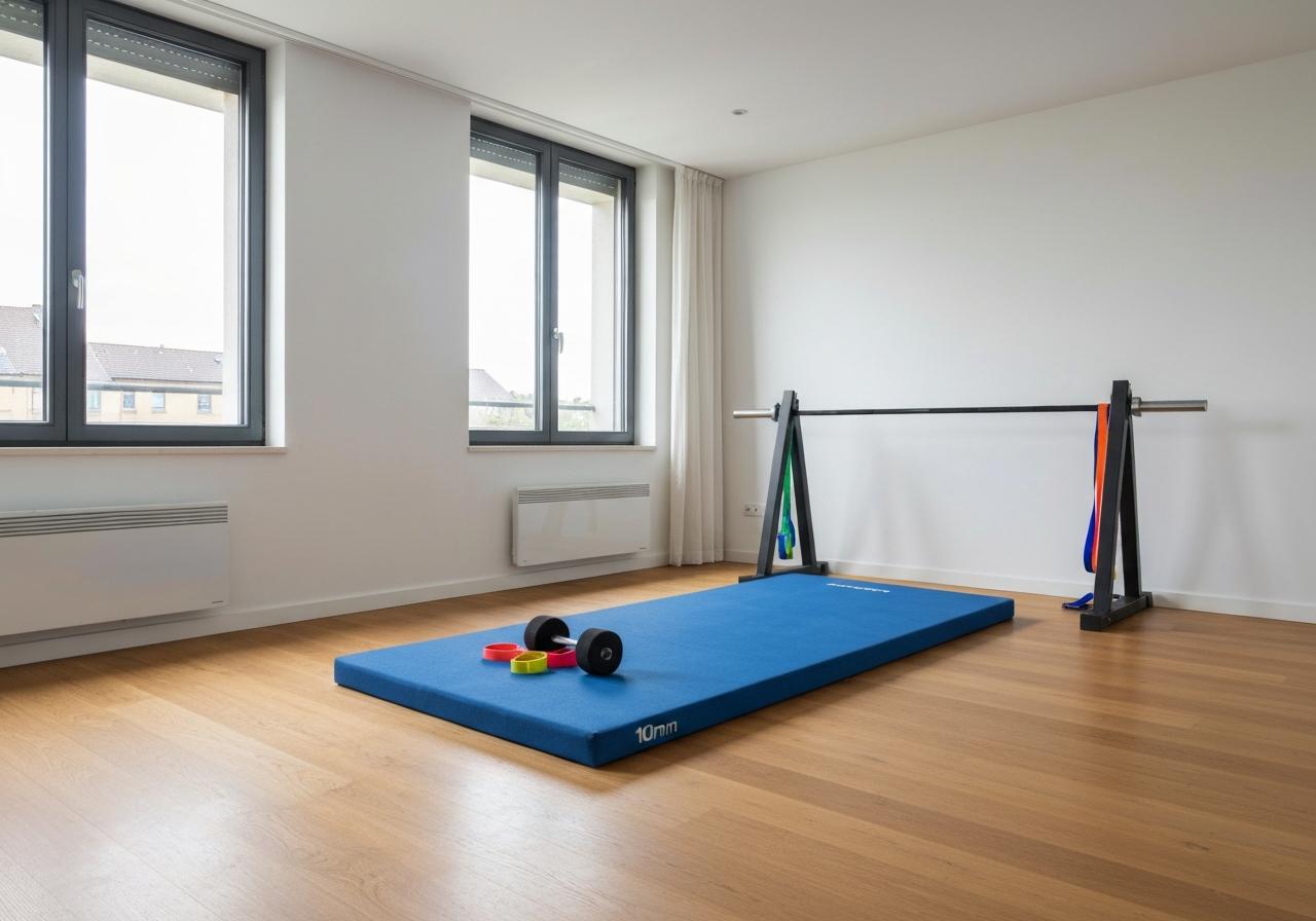 Équipement home gym minimaliste tapis haltères bandes résistance