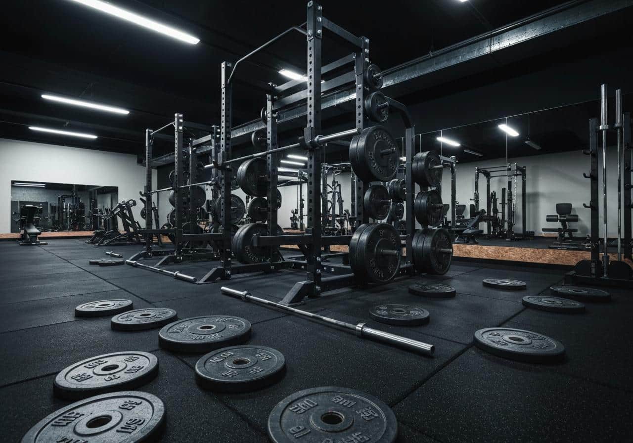 Salle de musculation avec barres et disques lourds