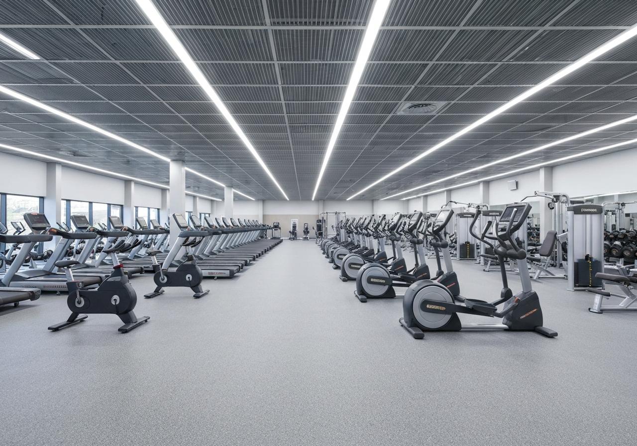 Salle de sport moderne avec équipements guidés et machines cardio