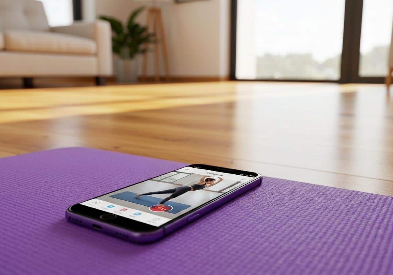 Smartphone affichant une application de sport avec vidéo de coaching