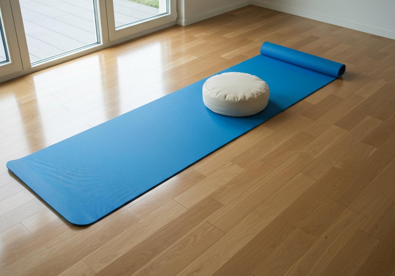 Tapis de yoga au sol avec coussin, position assise en tailleur