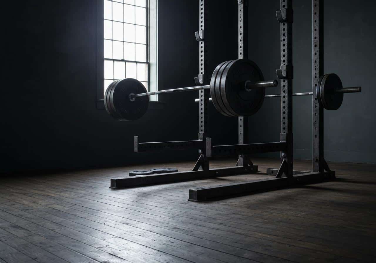 Barre olympique chargée sur rack de squat en salle old school