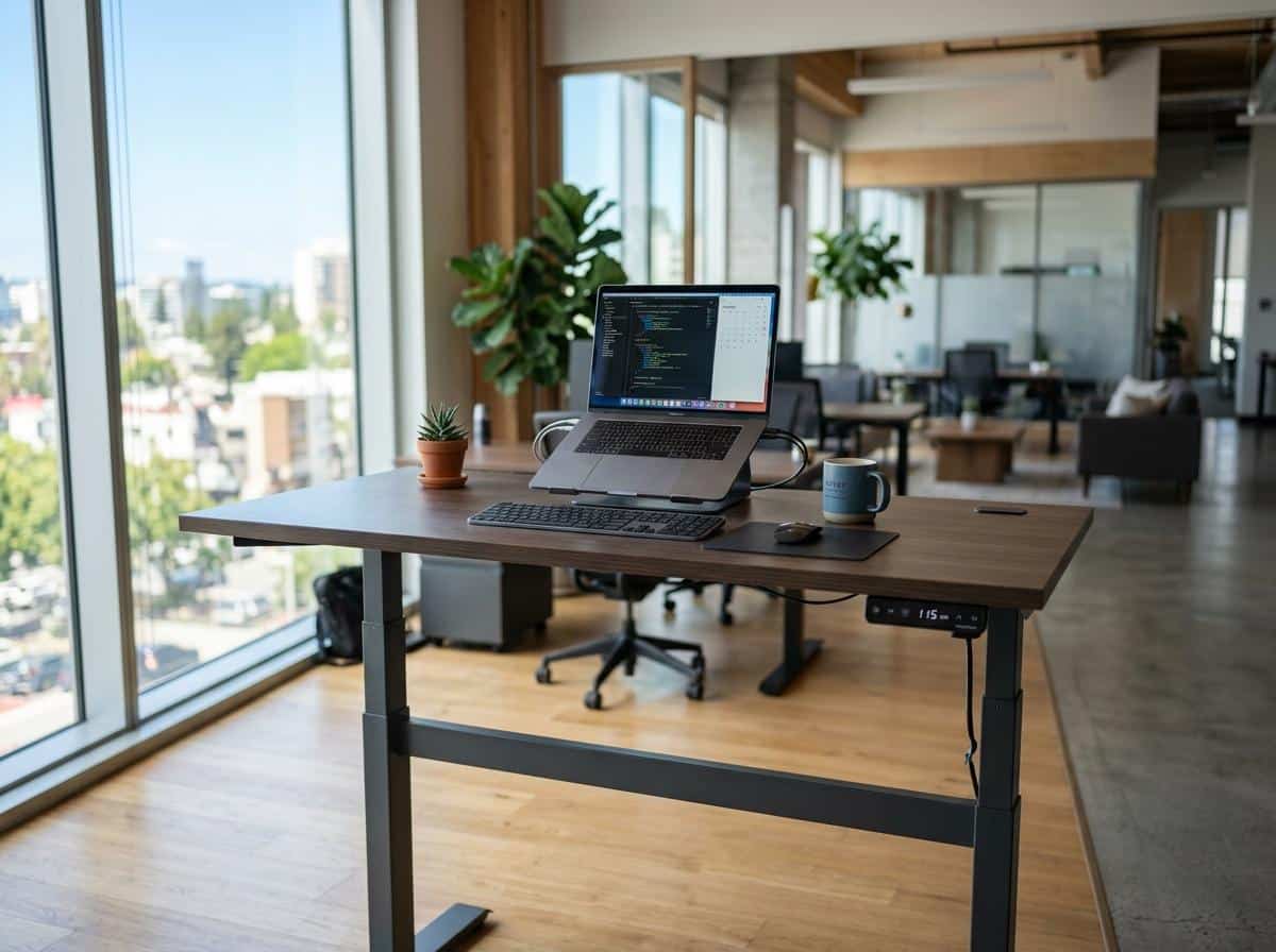 Bureau réglable en hauteur en position debout, environnement de travail moderne