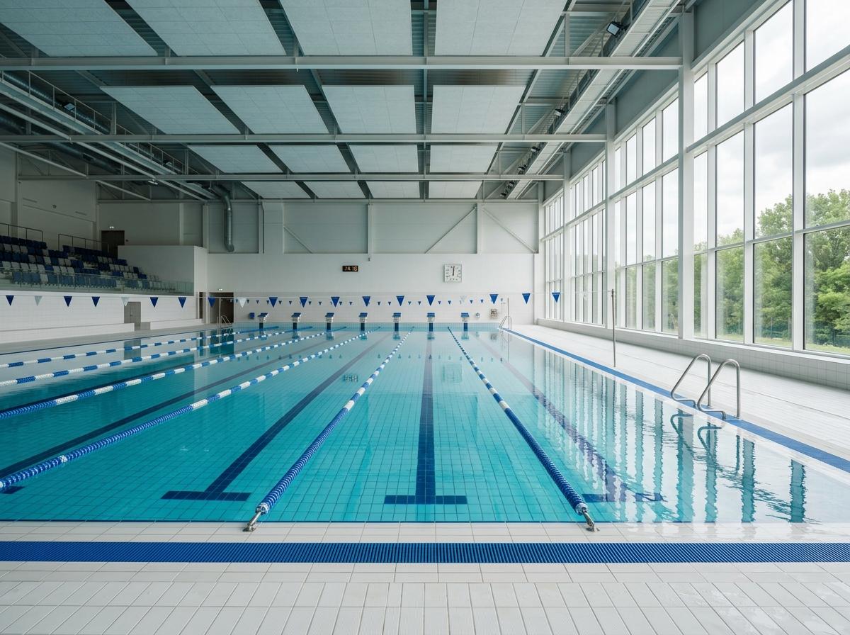 Piscine intérieure vide aux couloirs bleus calmes