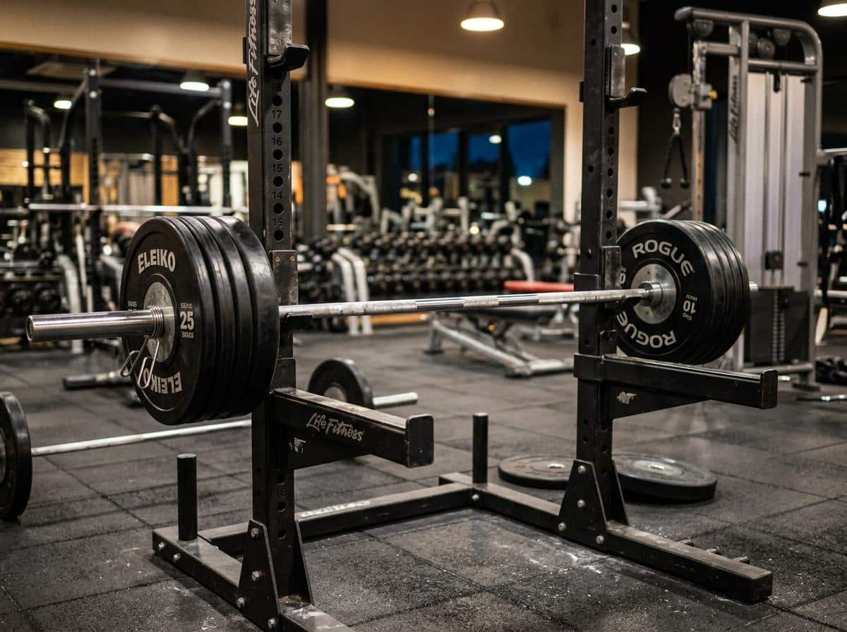 Salle de musculation avec barre de squat chargée sur rack