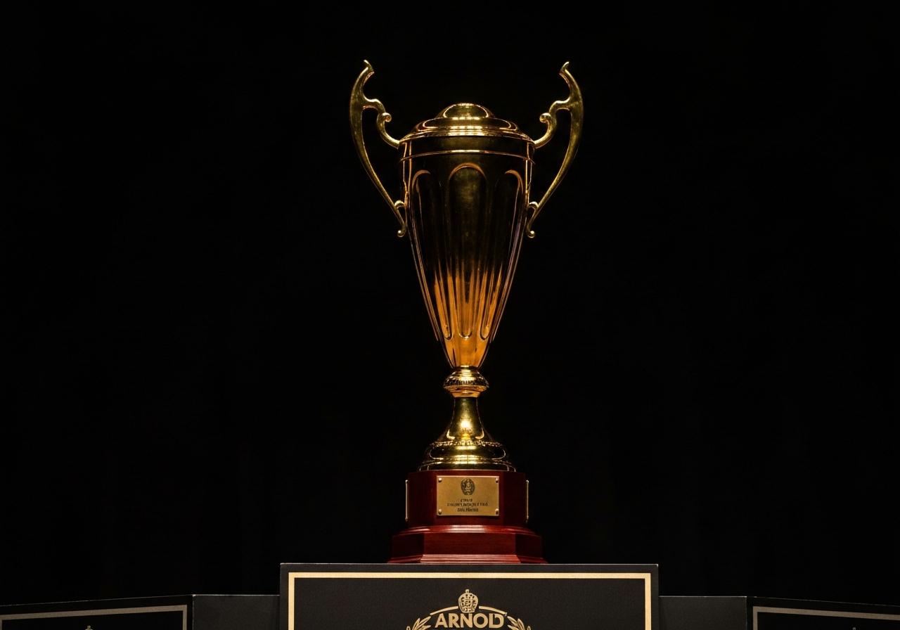 Trophée Arnold Classic doré sur podium de compétition bodybuilding