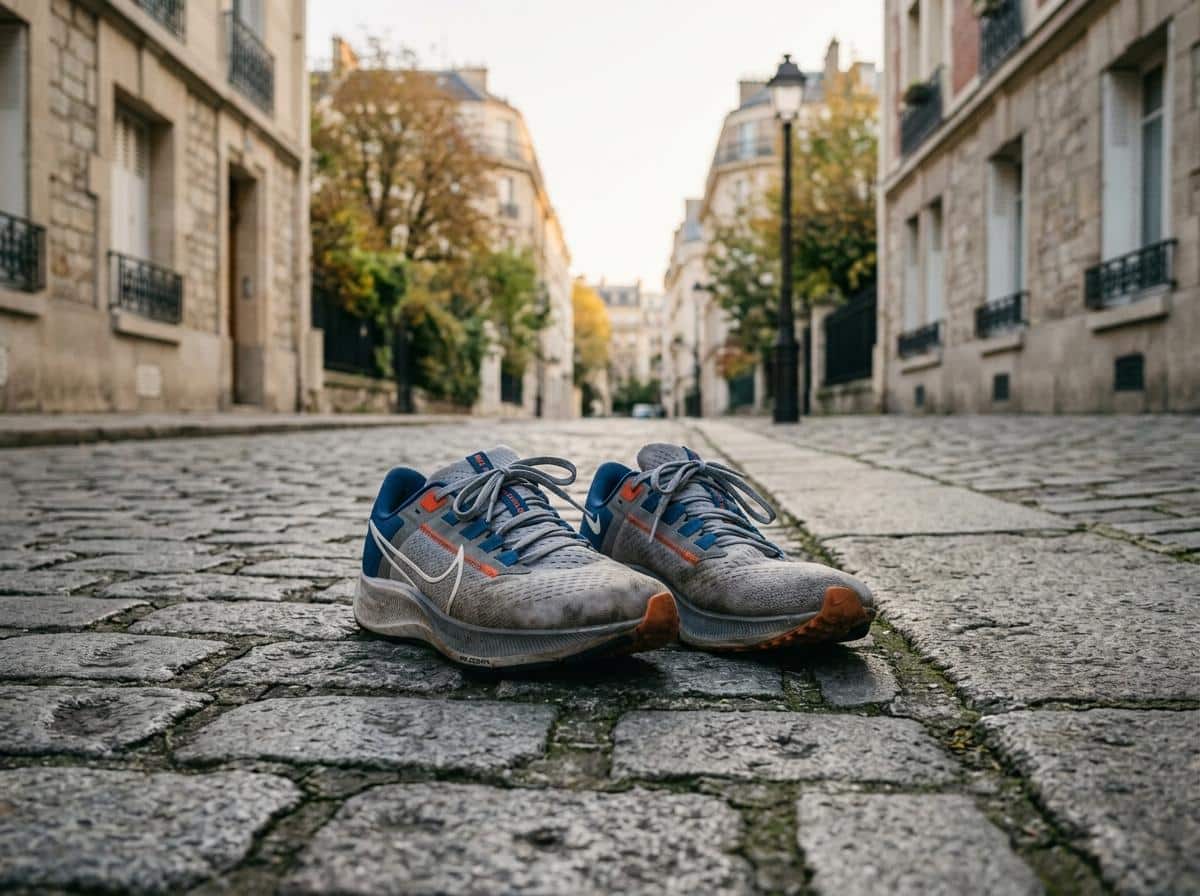 Chaussures de marche sur un trottoir urbain au petit matin