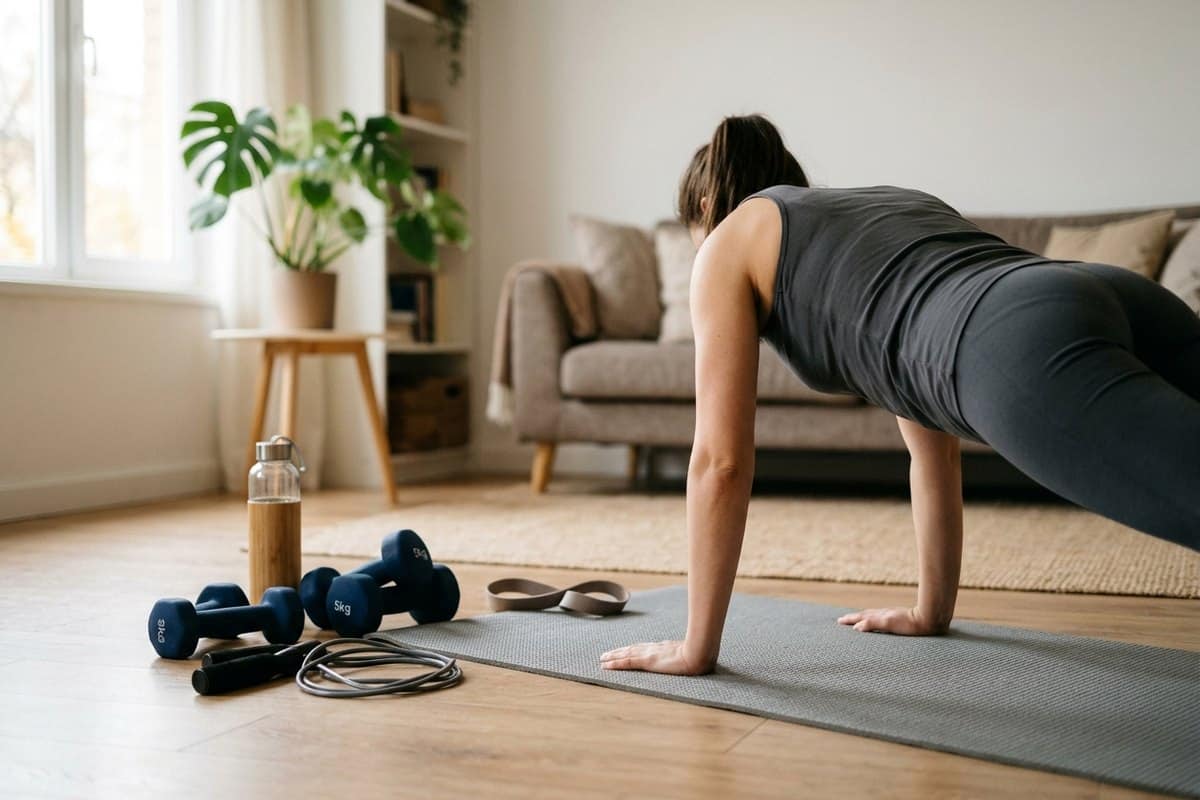 Femme faisant du gainage au salon