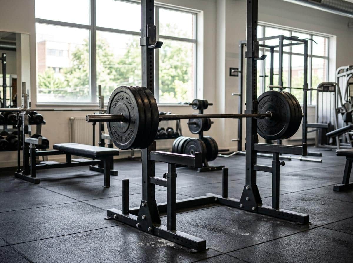 Barre olympique chargée sur un rack à squat