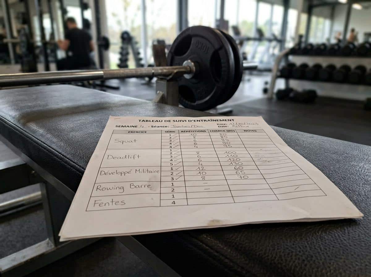 Feuille de suivi imprimée posée sur un banc de musculation
