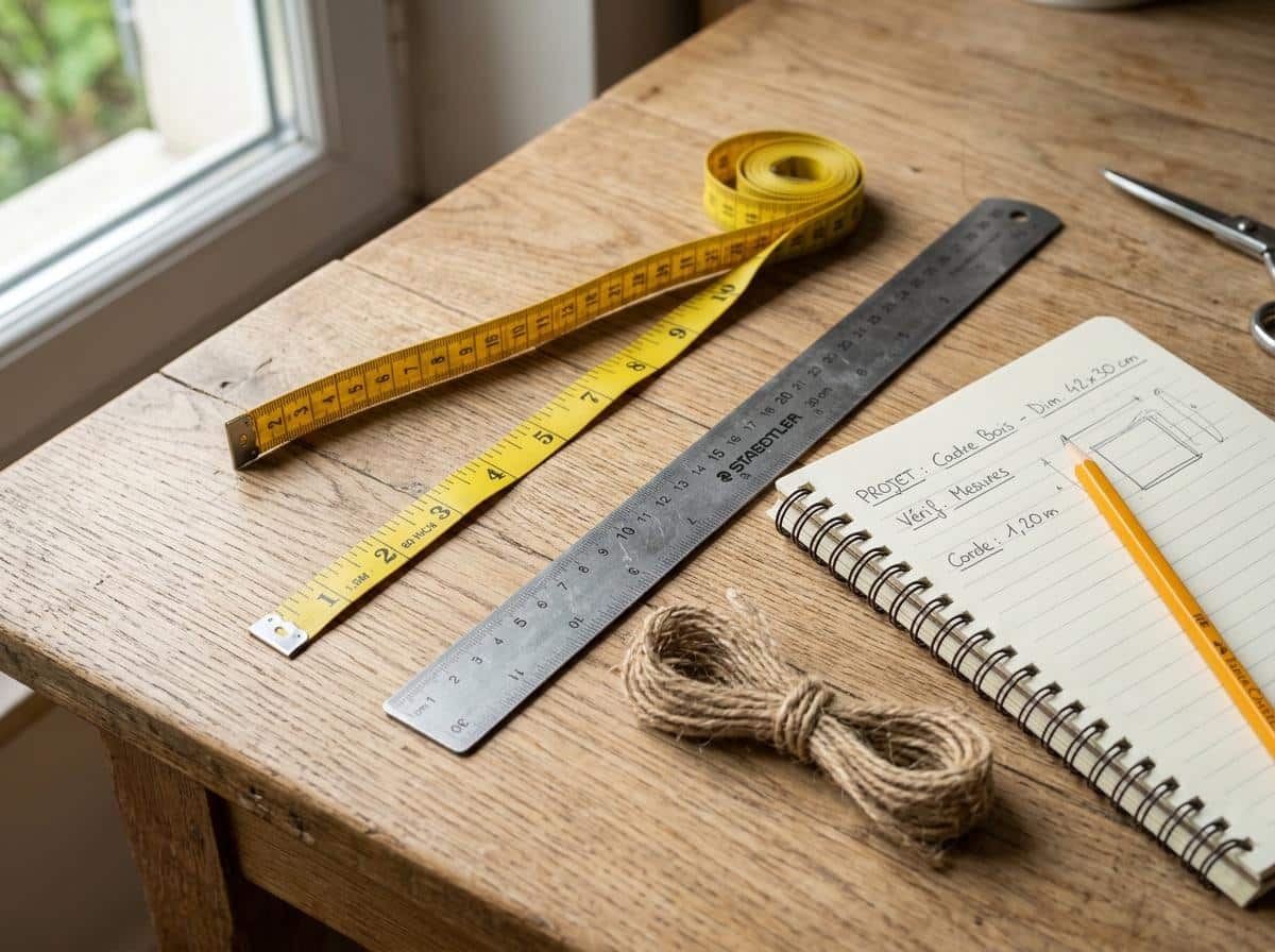 Mètre ruban souple et ficelle posés sur une table